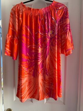 Trina Turk Orange & Hot Pink Floral Off-Shoulder Tunic